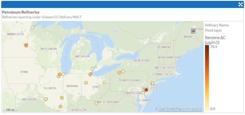 Screenshot of EPA map of refineries in the United States