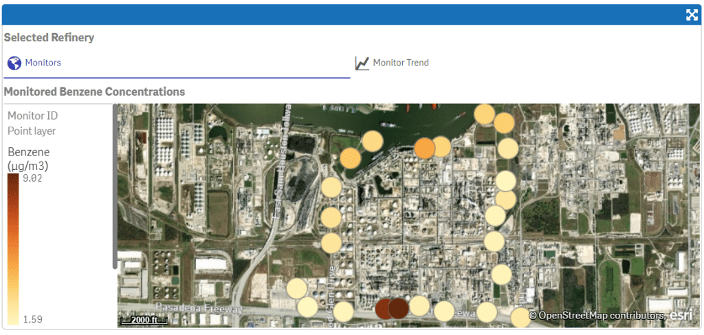 Screenshot of EPA map of fence line monitoring stations at a refinery owned by Shell